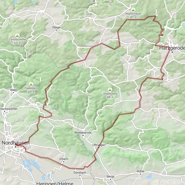 Karten-Miniaturansicht der Radinspiration "Graveltour Nordhausen - August Bebel Denkmal" in Thüringen, Germany. Erstellt vom Tarmacs.app-Routenplaner für Radtouren