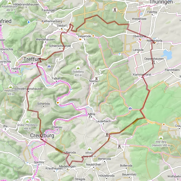 Map miniature of "Mysterious Creuzburg" cycling inspiration in Thüringen, Germany. Generated by Tarmacs.app cycling route planner