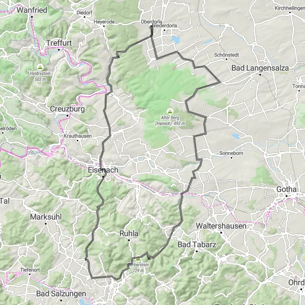 Map miniature of "Weberstedt to Schweina Road Cycling Loop" cycling inspiration in Thüringen, Germany. Generated by Tarmacs.app cycling route planner