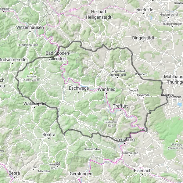 Map miniature of "Thuringian Hilly Tour" cycling inspiration in Thüringen, Germany. Generated by Tarmacs.app cycling route planner