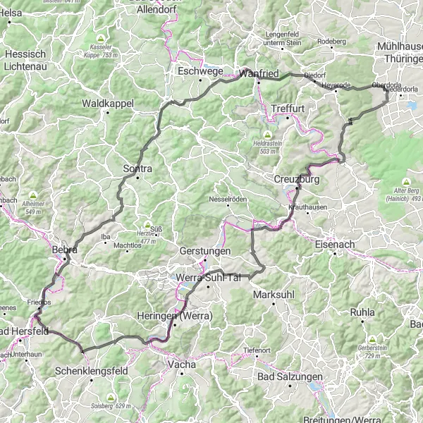 Karten-Miniaturansicht der Radinspiration "Die Werra-Schleife" in Thüringen, Germany. Erstellt vom Tarmacs.app-Routenplaner für Radtouren