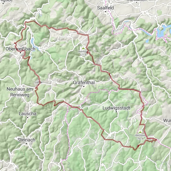 Karten-Miniaturansicht der Radinspiration "Abenteuer-Gravel-Tour durch den Thüringer Wald" in Thüringen, Germany. Erstellt vom Tarmacs.app-Routenplaner für Radtouren