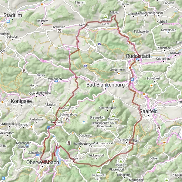 Map miniature of "Gravel Journey to Talsperre Leibis" cycling inspiration in Thüringen, Germany. Generated by Tarmacs.app cycling route planner