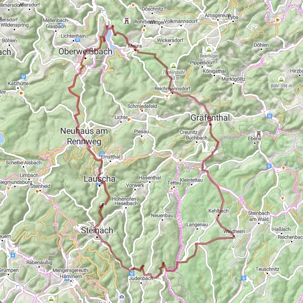 Map miniature of "Thuringian Gravel Adventure" cycling inspiration in Thüringen, Germany. Generated by Tarmacs.app cycling route planner