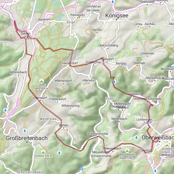 Map miniature of "Thuringian Forest Gravel Cycling Escape" cycling inspiration in Thüringen, Germany. Generated by Tarmacs.app cycling route planner