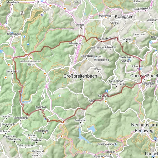 Karten-Miniaturansicht der Radinspiration "Rundfahrt durch den Thüringer Wald" in Thüringen, Germany. Erstellt vom Tarmacs.app-Routenplaner für Radtouren