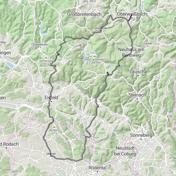 Karten-Miniaturansicht der Radinspiration "Herausfordernde Radroute im Thüringer Wald" in Thüringen, Germany. Erstellt vom Tarmacs.app-Routenplaner für Radtouren