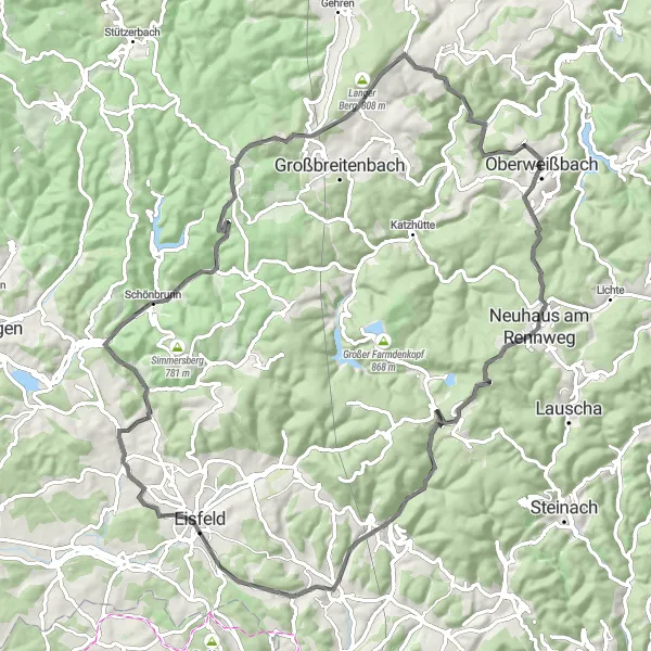 Karten-Miniaturansicht der Radinspiration "Rundtour durch den Thüringer Wald" in Thüringen, Germany. Erstellt vom Tarmacs.app-Routenplaner für Radtouren