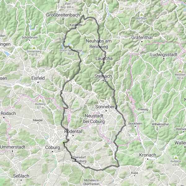 Karten-Miniaturansicht der Radinspiration "Höhenweg durch den Thüringer Wald" in Thüringen, Germany. Erstellt vom Tarmacs.app-Routenplaner für Radtouren