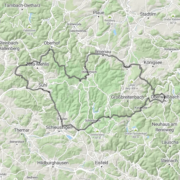 Karten-Miniaturansicht der Radinspiration "Aufstieg zu den Gipfeln des Thüringer Waldes" in Thüringen, Germany. Erstellt vom Tarmacs.app-Routenplaner für Radtouren