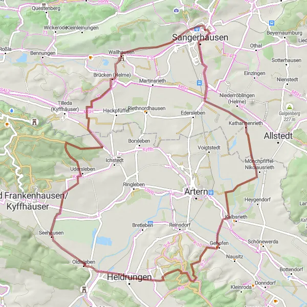 Map miniature of "Gravel Adventure from Oldisleben" cycling inspiration in Thüringen, Germany. Generated by Tarmacs.app cycling route planner