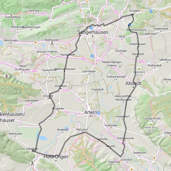 Map miniature of "The Oldisleben Loop" cycling inspiration in Thüringen, Germany. Generated by Tarmacs.app cycling route planner