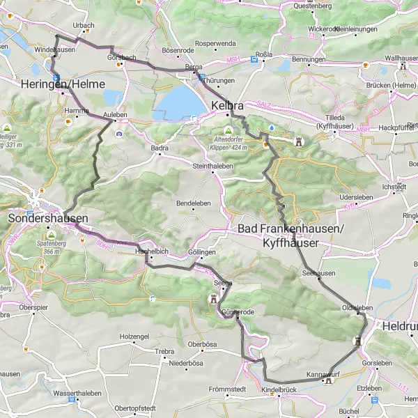 Karten-Miniaturansicht der Radinspiration "Tour rund um Oldisleben" in Thüringen, Germany. Erstellt vom Tarmacs.app-Routenplaner für Radtouren