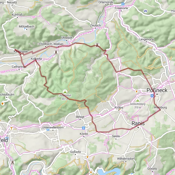 Map miniature of "Hidden Gems Gravel Escape" cycling inspiration in Thüringen, Germany. Generated by Tarmacs.app cycling route planner