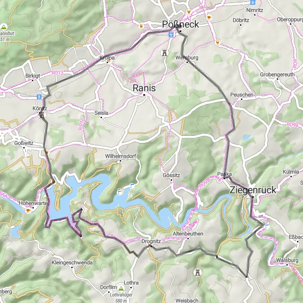 Karten-Miniaturansicht der Radinspiration "Hügelige Straßen um Pößneck" in Thüringen, Germany. Erstellt vom Tarmacs.app-Routenplaner für Radtouren