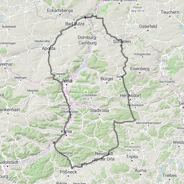 Karten-Miniaturansicht der Radinspiration "Weinberge, Schlösser und historische Ortschaften" in Thüringen, Germany. Erstellt vom Tarmacs.app-Routenplaner für Radtouren