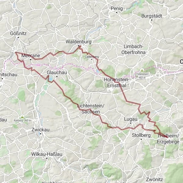 Karten-Miniaturansicht der Radinspiration "Grenzüberschreitende Schottertour durch Sachsen und Thüringen" in Thüringen, Germany. Erstellt vom Tarmacs.app-Routenplaner für Radtouren