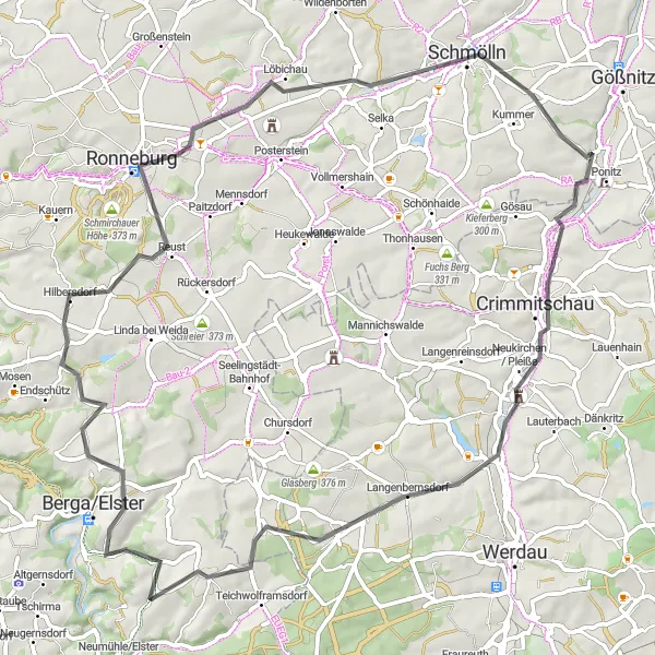Map miniature of "Ponitz to Reust Loop" cycling inspiration in Thüringen, Germany. Generated by Tarmacs.app cycling route planner
