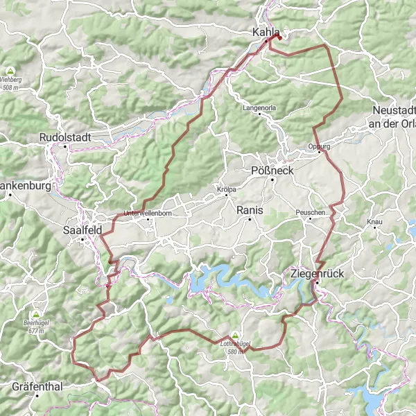 Karten-Miniaturansicht der Radinspiration "Unterwellenborn-Express" in Thüringen, Germany. Erstellt vom Tarmacs.app-Routenplaner für Radtouren