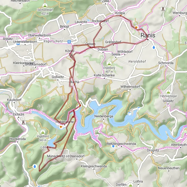 Map miniature of "Ranis and Krölpa Gravel Loop" cycling inspiration in Thüringen, Germany. Generated by Tarmacs.app cycling route planner