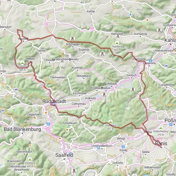 Map miniature of "Ultimate Gravel Adventure - Cycling near Ranis" cycling inspiration in Thüringen, Germany. Generated by Tarmacs.app cycling route planner