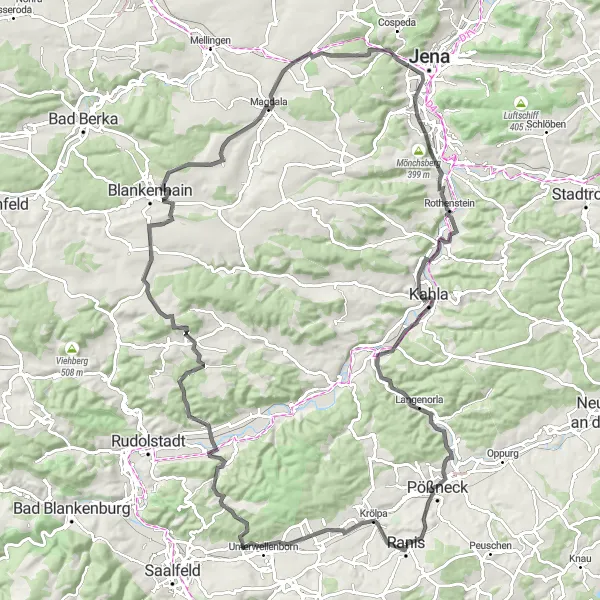 Map miniature of "The Uphill Challenge - Road Cycling in Thüringen" cycling inspiration in Thüringen, Germany. Generated by Tarmacs.app cycling route planner