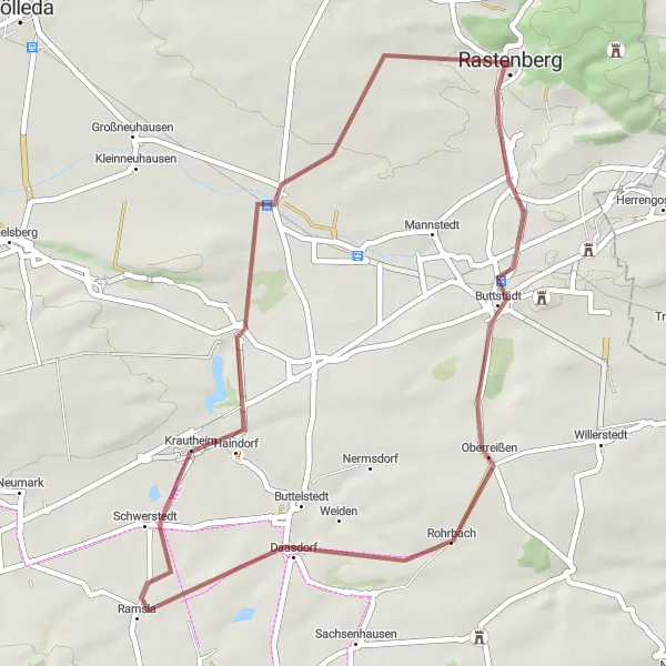 Karten-Miniaturansicht der Radinspiration "Radtour zu versteckten Schätzen um Rastenberg" in Thüringen, Germany. Erstellt vom Tarmacs.app-Routenplaner für Radtouren