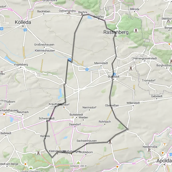 Karten-Miniaturansicht der Radinspiration "Radtour nach Rastenberg und Umgebung" in Thüringen, Germany. Erstellt vom Tarmacs.app-Routenplaner für Radtouren