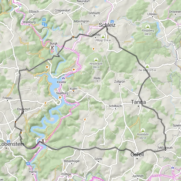 Map miniature of "The Rural Road Ride" cycling inspiration in Thüringen, Germany. Generated by Tarmacs.app cycling route planner