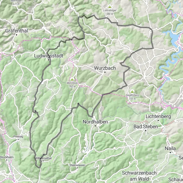 Map miniature of "The Scenic Road Tour" cycling inspiration in Thüringen, Germany. Generated by Tarmacs.app cycling route planner