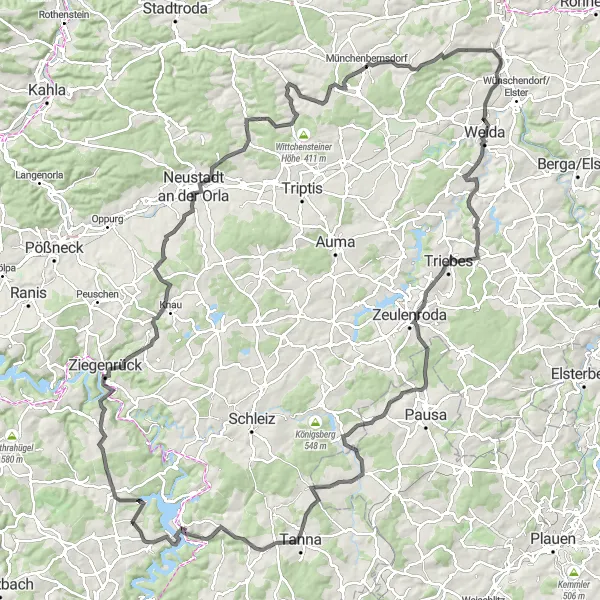 Karten-Miniaturansicht der Radinspiration "Herausforderung Roadtour ab Remptendorf" in Thüringen, Germany. Erstellt vom Tarmacs.app-Routenplaner für Radtouren