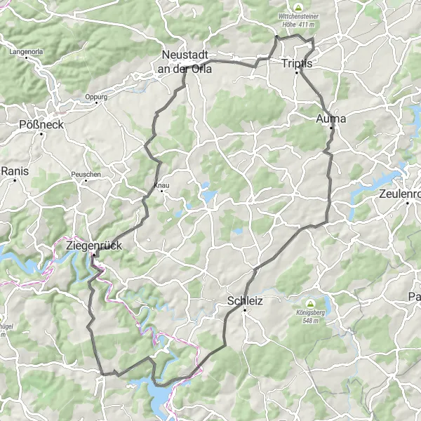 Map miniature of "Breathtaking Views and Quaint Villages" cycling inspiration in Thüringen, Germany. Generated by Tarmacs.app cycling route planner