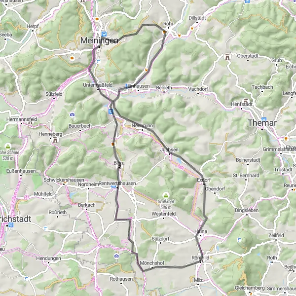 Karten-Miniaturansicht der Radinspiration "Galgenberg und Neubrunn Erkundungstour" in Thüringen, Germany. Erstellt vom Tarmacs.app-Routenplaner für Radtouren