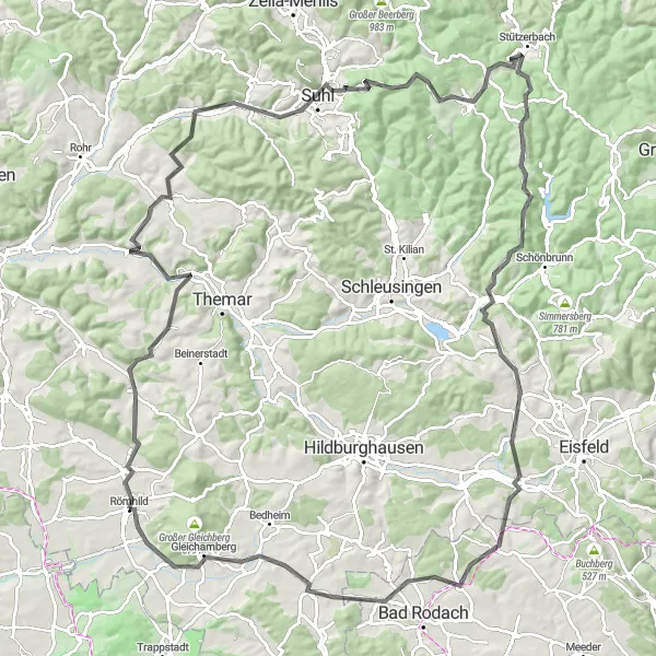 Karten-Miniaturansicht der Radinspiration "Rund um Römhild und den Rennsteig" in Thüringen, Germany. Erstellt vom Tarmacs.app-Routenplaner für Radtouren