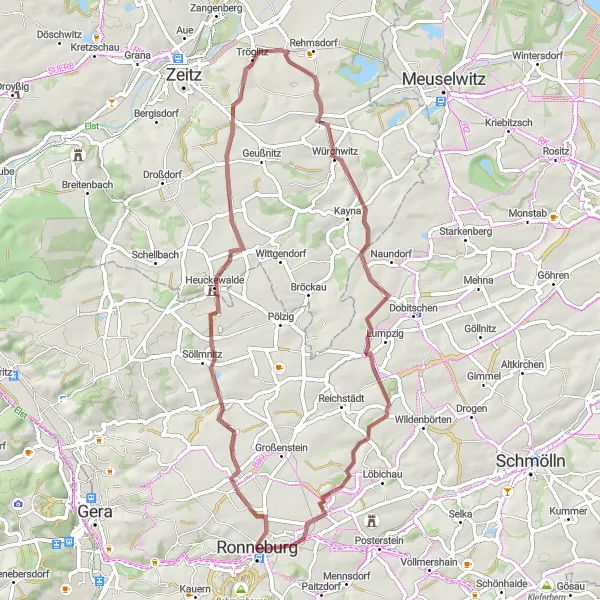 Map miniature of "Heuckewalde and Raitzhain" cycling inspiration in Thüringen, Germany. Generated by Tarmacs.app cycling route planner