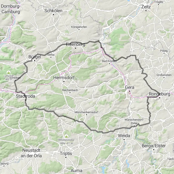 Map miniature of "The Hillside Adventure" cycling inspiration in Thüringen, Germany. Generated by Tarmacs.app cycling route planner