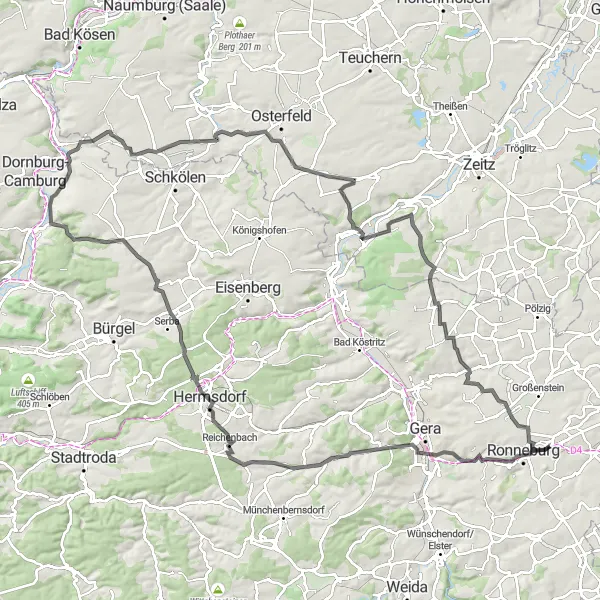 Karten-Miniaturansicht der Radinspiration "Thüringer Höhen und Täler" in Thüringen, Germany. Erstellt vom Tarmacs.app-Routenplaner für Radtouren