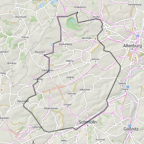 Map miniature of "Lödla Rural Road Loop" cycling inspiration in Thüringen, Germany. Generated by Tarmacs.app cycling route planner