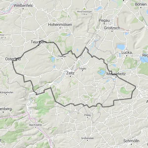 Karten-Miniaturansicht der Radinspiration "Rositz und Umgebung entdecken" in Thüringen, Germany. Erstellt vom Tarmacs.app-Routenplaner für Radtouren