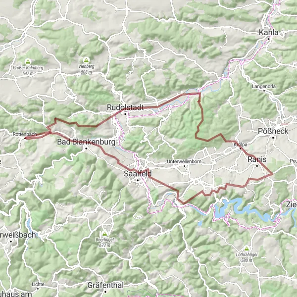 Map miniature of "Gravel Adventure to Steinberg" cycling inspiration in Thüringen, Germany. Generated by Tarmacs.app cycling route planner