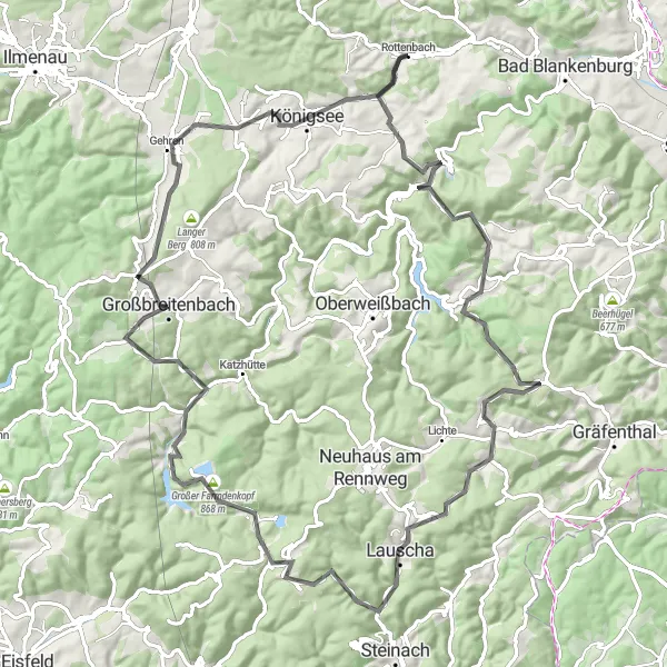 Map miniature of "Schwarzburg and the Telegraph Road" cycling inspiration in Thüringen, Germany. Generated by Tarmacs.app cycling route planner