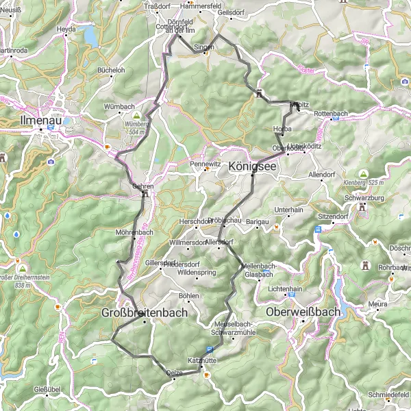 Map miniature of "Scenic Road Cycling Route" cycling inspiration in Thüringen, Germany. Generated by Tarmacs.app cycling route planner