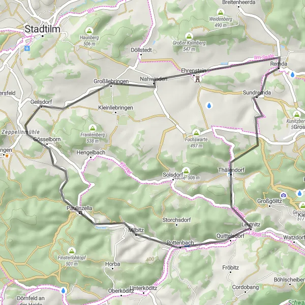 Map miniature of "Scenic Route to Rottenbach" cycling inspiration in Thüringen, Germany. Generated by Tarmacs.app cycling route planner
