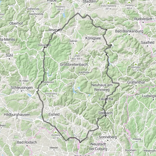 Map miniature of "Thuringian Road Adventure" cycling inspiration in Thüringen, Germany. Generated by Tarmacs.app cycling route planner