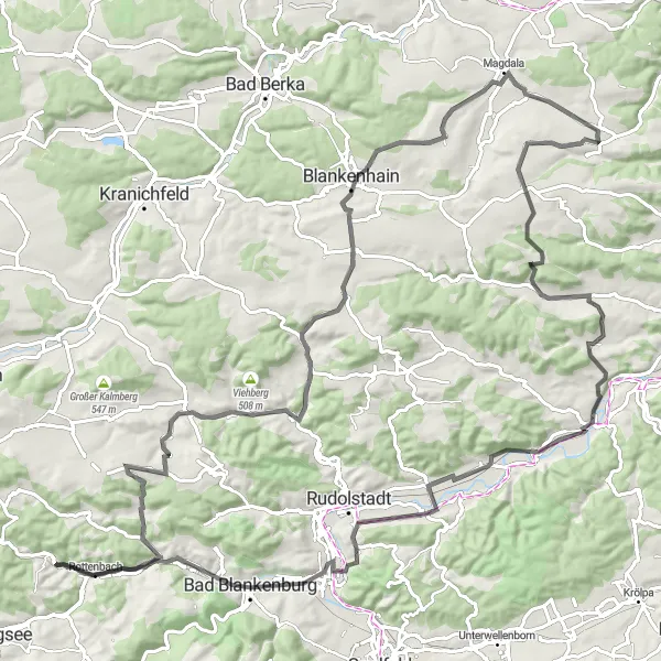 Map miniature of "Forest and Hillside Tour" cycling inspiration in Thüringen, Germany. Generated by Tarmacs.app cycling route planner