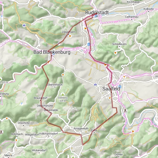 Map miniature of "Lositz and Beyond" cycling inspiration in Thüringen, Germany. Generated by Tarmacs.app cycling route planner