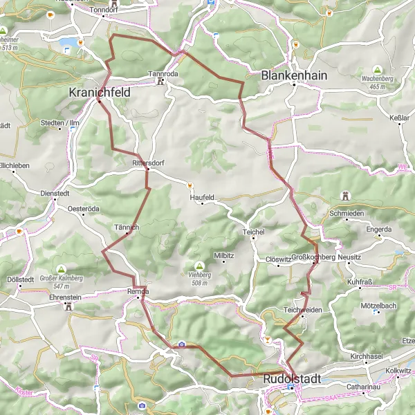 Karten-Miniaturansicht der Radinspiration "Heidecksburg Rundfahrt" in Thüringen, Germany. Erstellt vom Tarmacs.app-Routenplaner für Radtouren