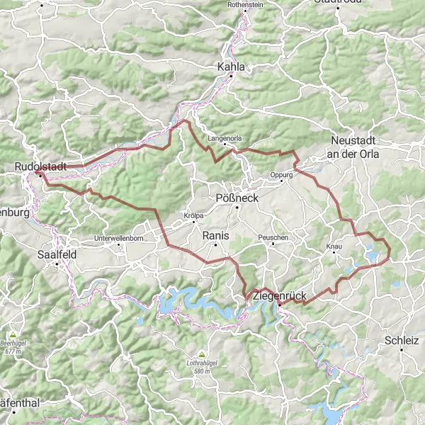 Map miniature of "Langenorla Explorer" cycling inspiration in Thüringen, Germany. Generated by Tarmacs.app cycling route planner