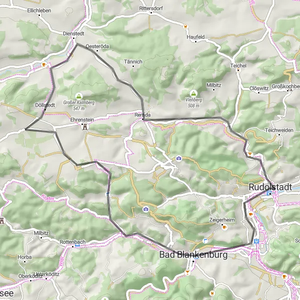 Karten-Miniaturansicht der Radinspiration "Kurze Erholungstour um Rudolstadt" in Thüringen, Germany. Erstellt vom Tarmacs.app-Routenplaner für Radtouren