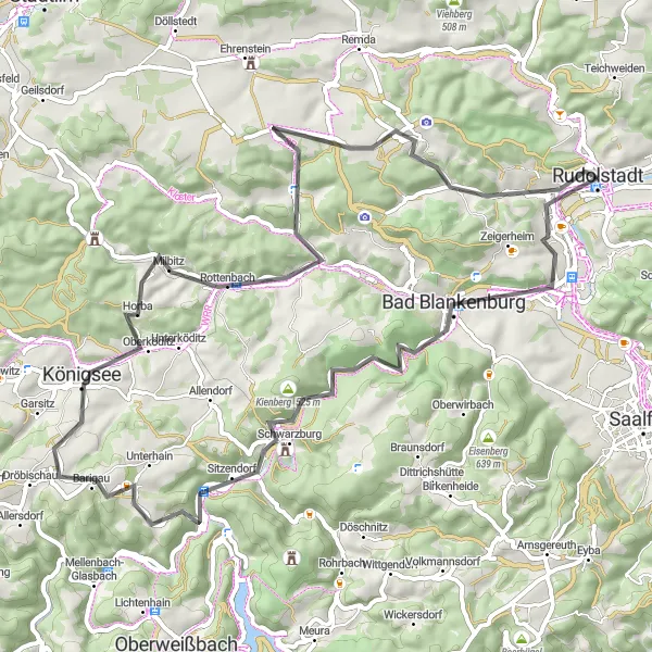Map miniature of "Exploring Rudolstadt and Beyond" cycling inspiration in Thüringen, Germany. Generated by Tarmacs.app cycling route planner